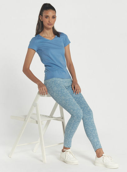 Paisley Print High-Rise Jeggings with Elasticated Waist and Pockets