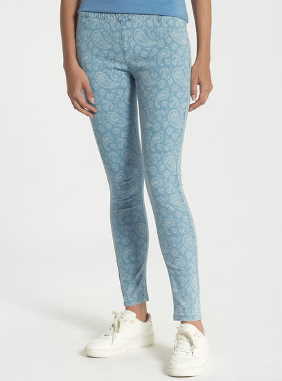 Paisley Print High-Rise Jeggings with Elasticated Waist and Pockets