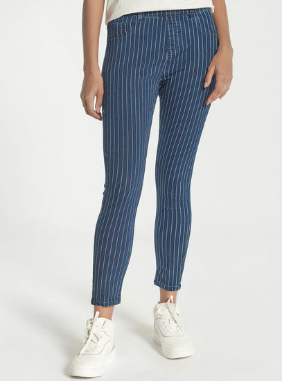 Striped Skinny Fit Jeggings with Elasticated Waist and Pockets
