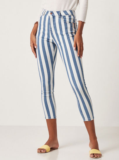 Striped High-Rise Denim Jeans with Button Closure and Pockets-Skinny-image-0