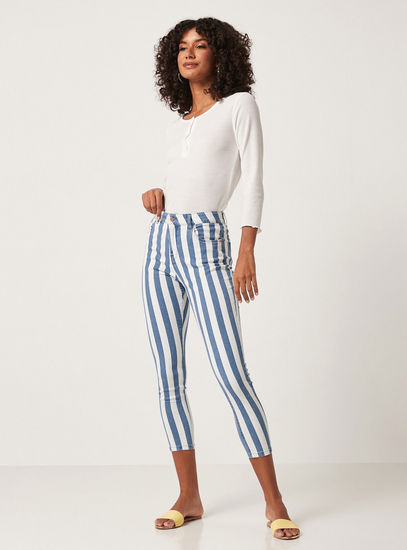 Striped High-Rise Denim Jeans with Button Closure and Pockets