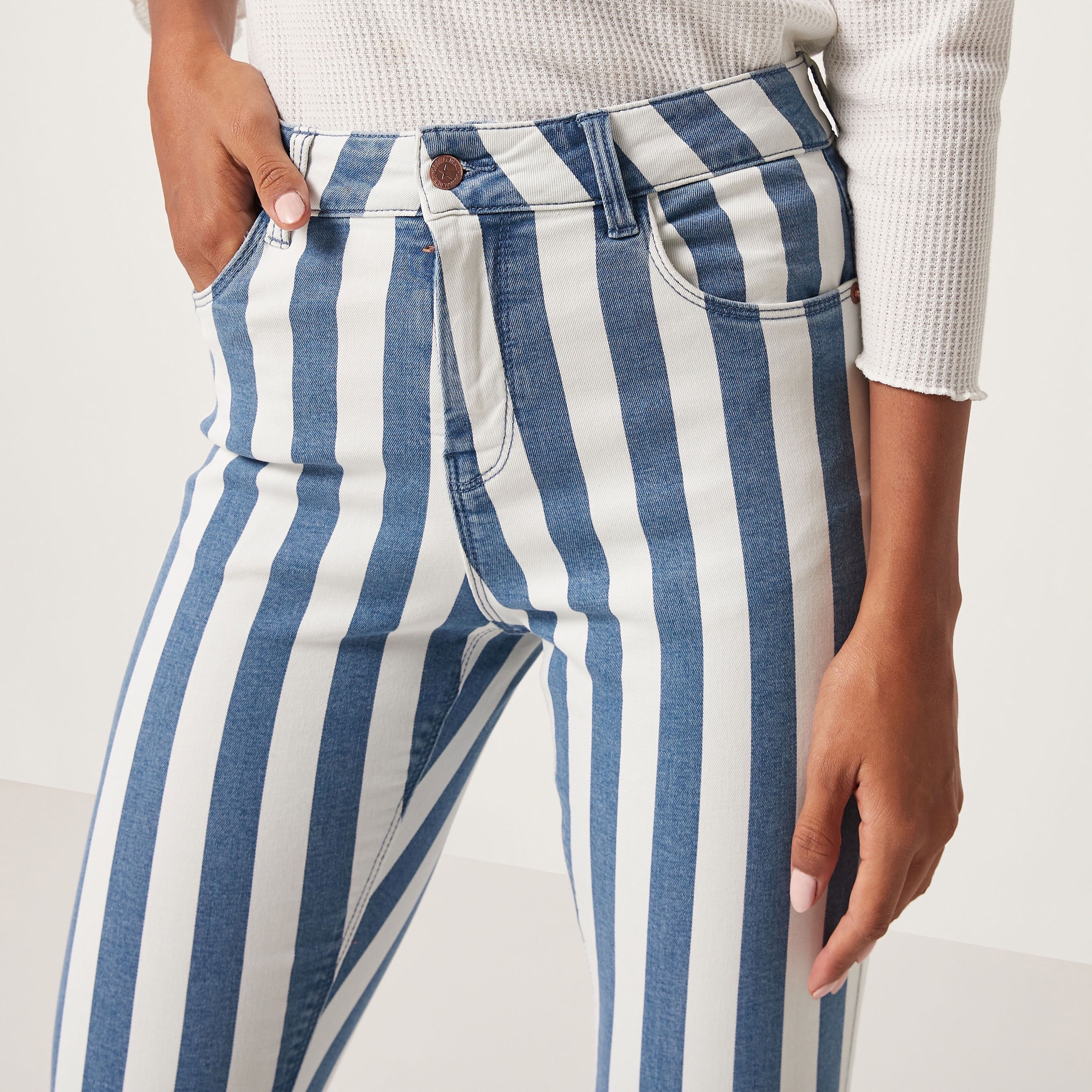 Shop Striped High Rise Denim Jeans with Button Closure and Pockets Online Max Egypt