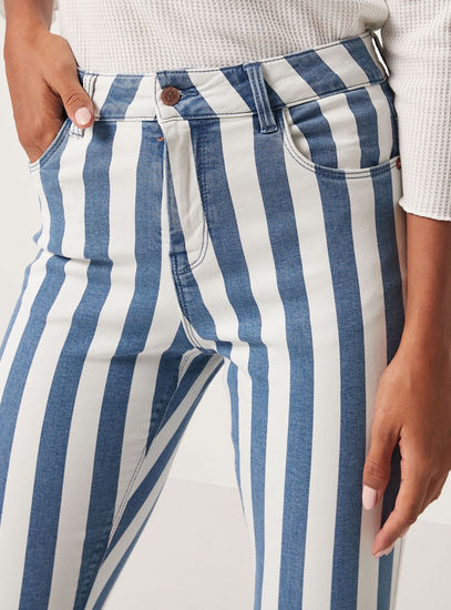 Striped High-Rise Denim Jeans with Button Closure and Pockets