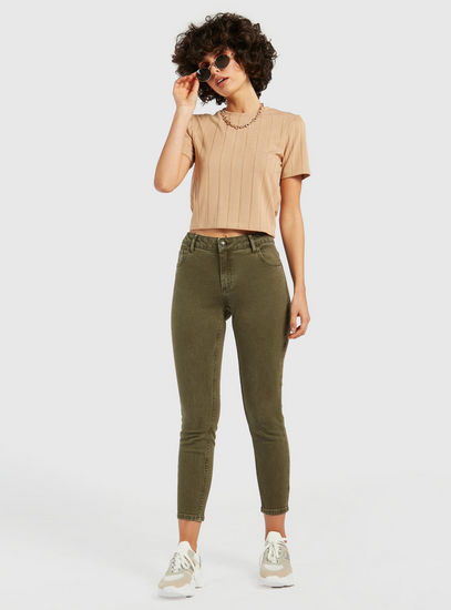 Solid Mid-Rise Sustainable Wash Skinny Jeans with Button Closure