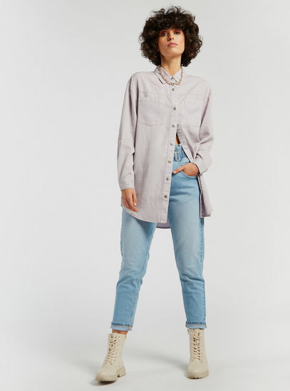 Solid Denim Shirt with Chest Pockets and Long Sleeves