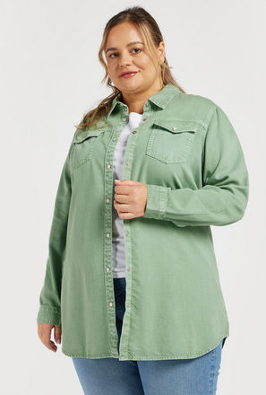 Solid Tunic Shirt with Long Sleeves and Flap Chest Pockets