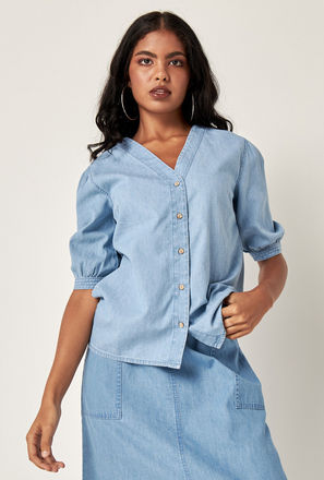Solid V-neck Denim Top with Puff Sleeves and Button Closure