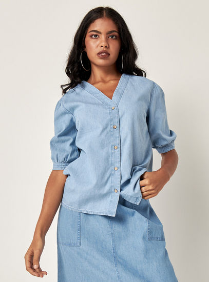 Solid V-neck Denim Top with Puff Sleeves and Button Closure