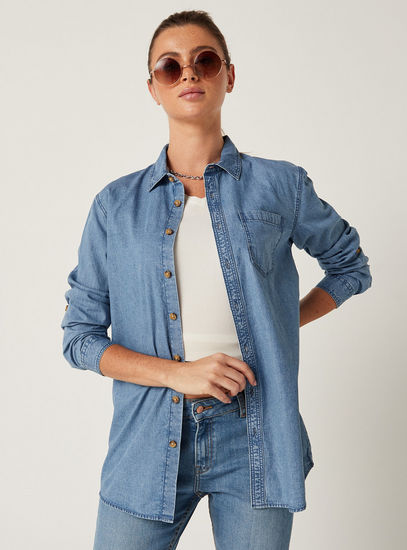 Solid Denim Shirt with Rolled-Up Sleeves and Pocket