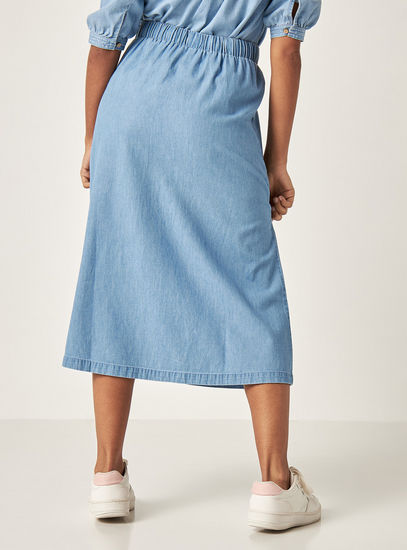 Solid Mid-Rise Midi Denim Skirt with Drawstring Closure and Pockets