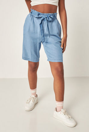 Solid High-Rise Denim Shorts with Tie-Up Belt and Pockets