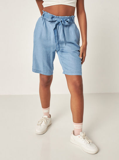 Solid High-Rise Denim Shorts with Tie-Up Belt and Pockets