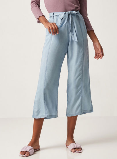 Solid Denim Culottes with Tie-Up Belt and Pockets