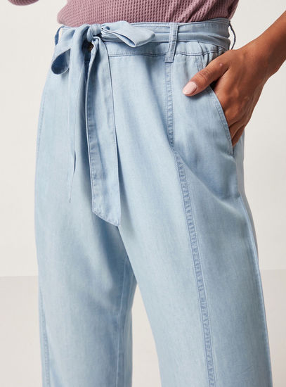 Solid Denim Culottes with Tie-Up Belt and Pockets