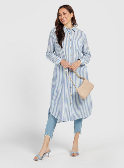 Striped Midi Shirt Dress with Long Sleeves and Button Closure