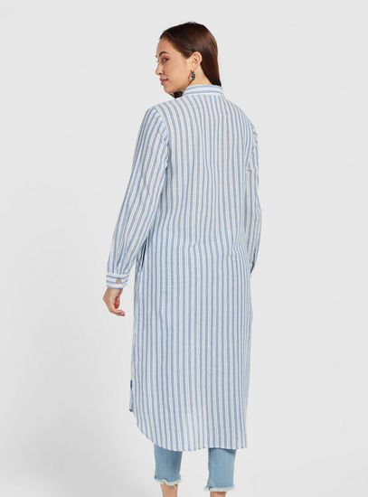 Striped Midi Shirt Dress with Long Sleeves and Button Closure