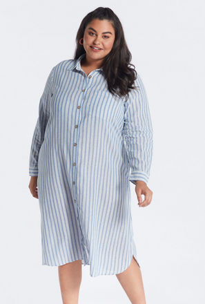 Striped Midi Shirt Dress with Long Sleeves and Chest Pocket