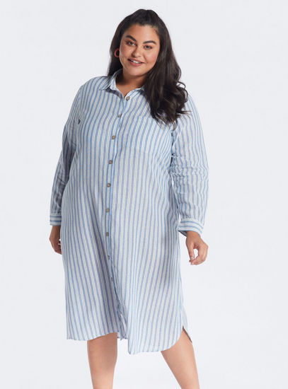 Striped Midi Shirt Dress with Long Sleeves and Chest Pocket