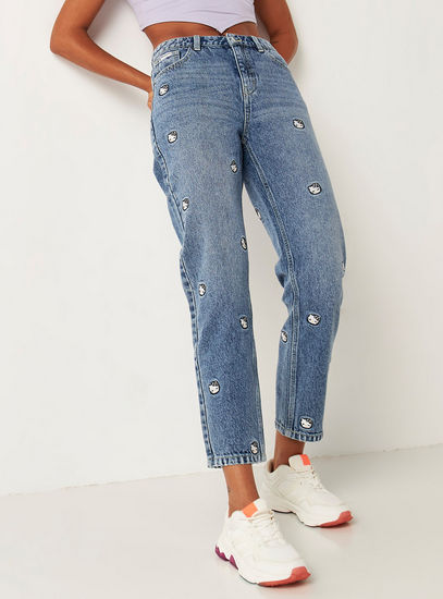 Hello Kitty Embroidered Mid-Rise Jeans with Button Closure and Pockets