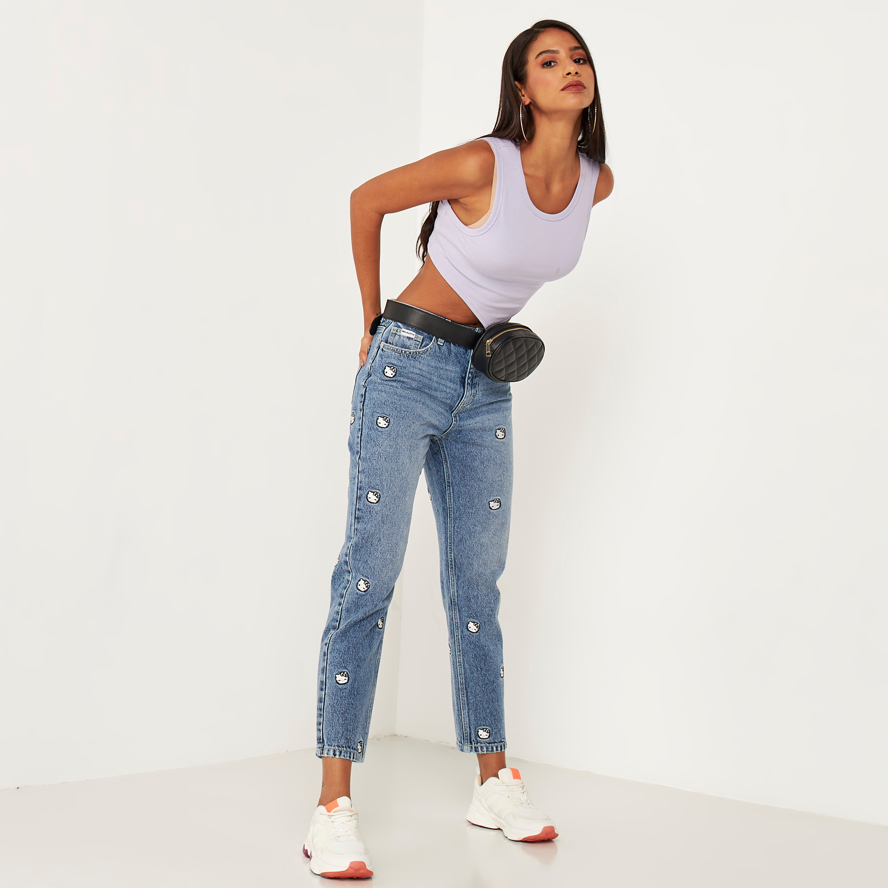 Shop Hello Kitty Embroidered Mid-Rise Jeans with Button