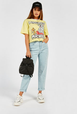 Printed High-Rise Denim Jeans with Button Closure and Pockets