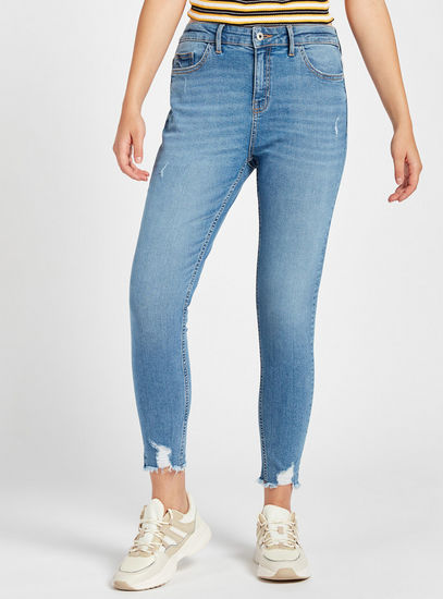 Distressed High-Rise Skinny Fit Jeans with Button Closure and Pockets