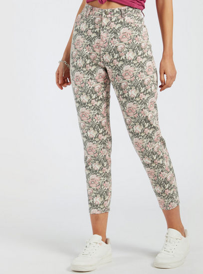 All-Over Floral Print Skinny Jeans with Pockets