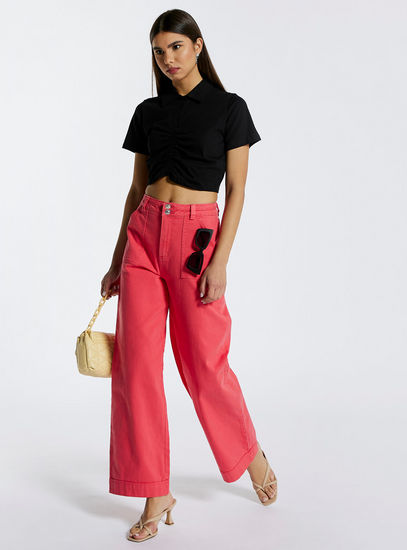 Solid Wide Leg Pants with Button Closure and Pockets