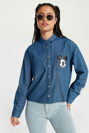 Mickey Mouse Print Boxy Denim Shirt with Long Sleeves and Button Closure