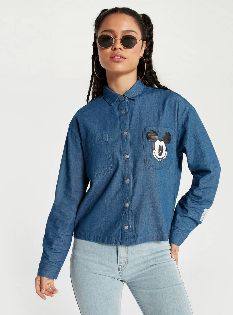 Mickey Mouse Print Boxy Denim Shirt with Long Sleeves and Button Closure-Shirts-image-0
