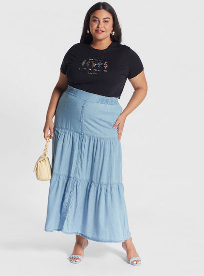Solid Tiered Maxi Skirt with Semi-Elasticated Waistband