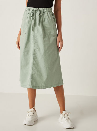 Solid Mid-Rise Midi Skirt with Drawstring Closure and Pockets