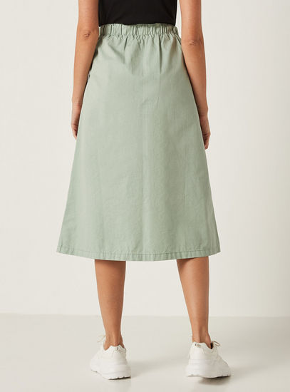 Solid Mid-Rise Midi Skirt with Drawstring Closure and Pockets