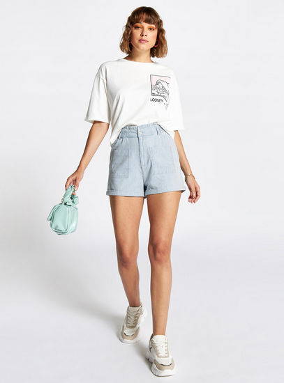 Striped Shorts with Paperbag Waist and Button Closure