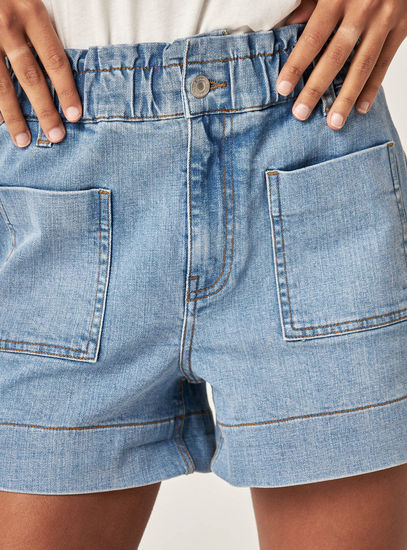 Solid High-Rise Denim Shorts with Button Closure and Pockets