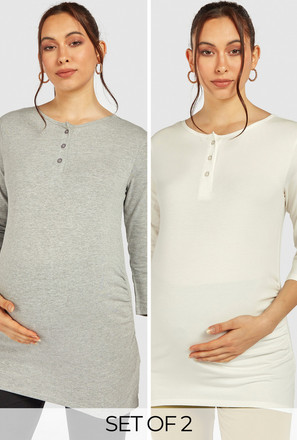 Pack of 2 - Assorted Henley Neck Maternity T-shirt with 3/4 Sleeves