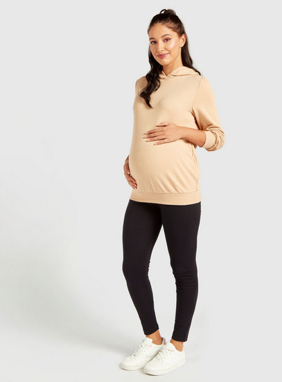 Solid Maternity Sweatshirt with Long Sleeves and Hood