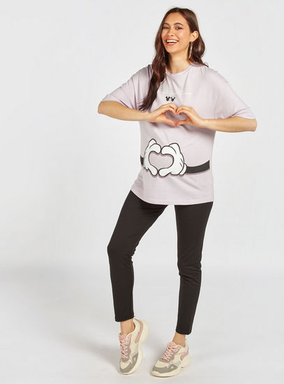 Printed Mickey and Minnie Mouse Maternity T-shirt with Round Neck and Short Sleeves