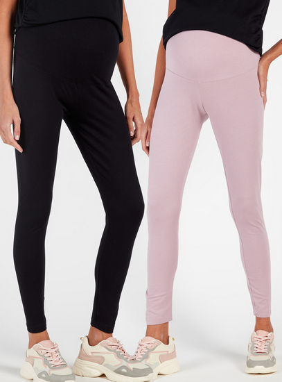 Pack of 2 - Full Length Solid Maternity Leggings with Elasticised Waistband-Jeans, Pants & Leggings-image-0