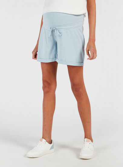 Solid Mid-Rise Maternity Shorts with Drawstring Closure