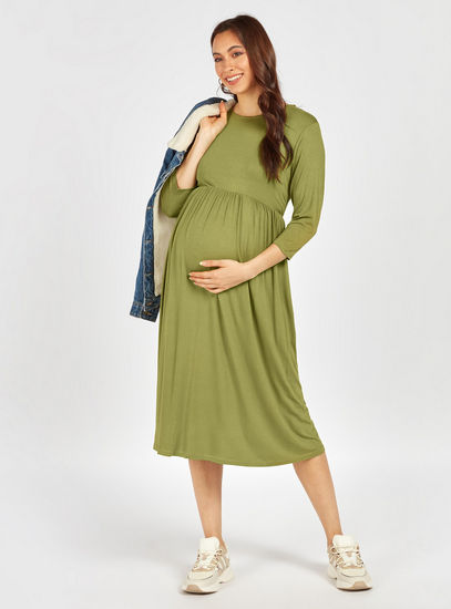 Solid Midi A-Line Maternity Dress with Three Quarter Sleeves