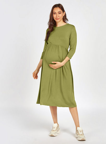 Solid Midi A-Line Maternity Dress with Three Quarter Sleeves