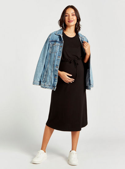 Solid Maternity Shift Dress with Long Sleeves-Midi-image-1