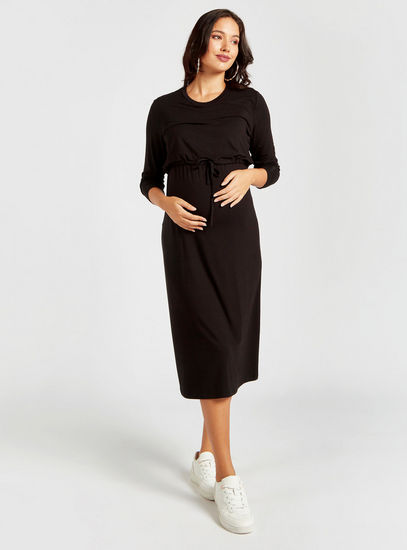 Solid Maternity Shift Dress with Long Sleeves-Midi-image-0