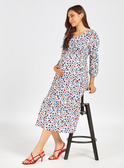 All-Over Floral Print Midi A-Line Maternity Dress with Three Quarter Sleeves