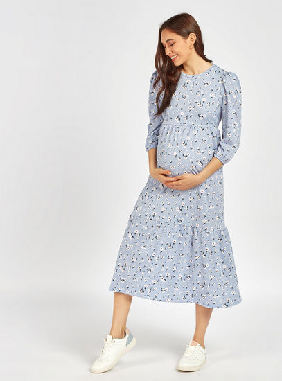All-Over Floral Print Midi Tiered Maternity Dress with Three Quarter Sleeves