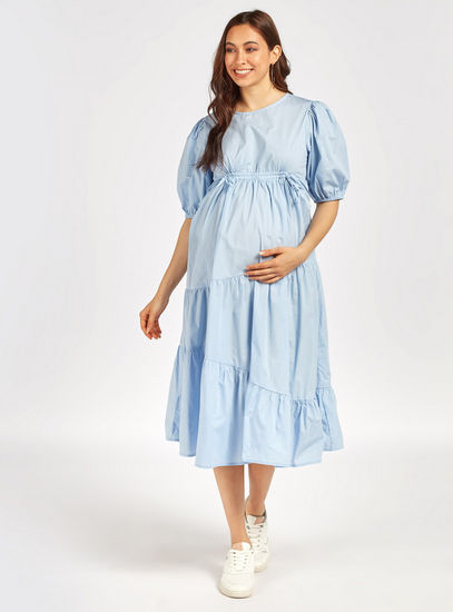 Solid Midi Tiered Maternity Dress with Elbow Sleeves and Tie-Up
