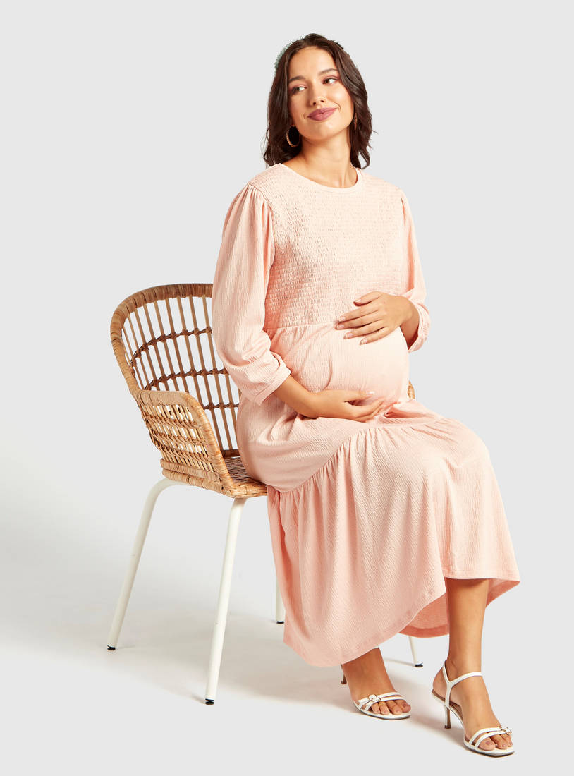 Textured Midi Tiered Maternity Dress with 3/4 Sleeves-Midi-image-1