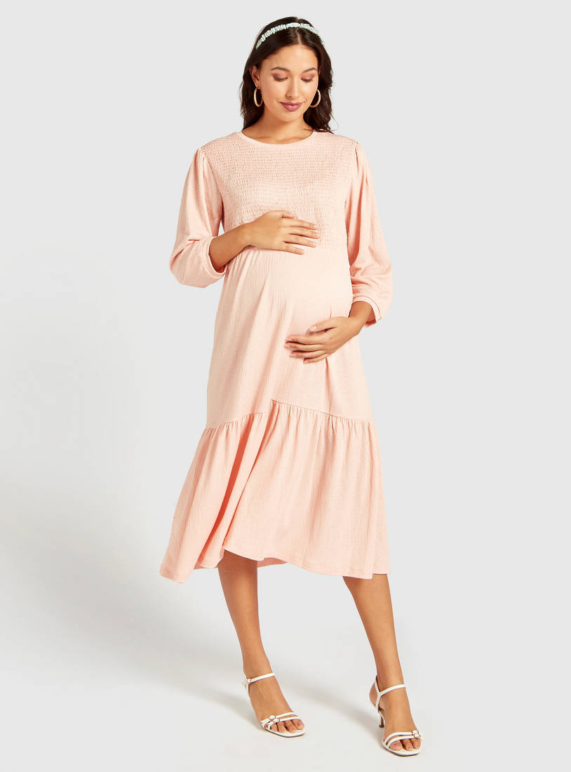 Textured Midi Tiered Maternity Dress with 3/4 Sleeves-Midi-image-0