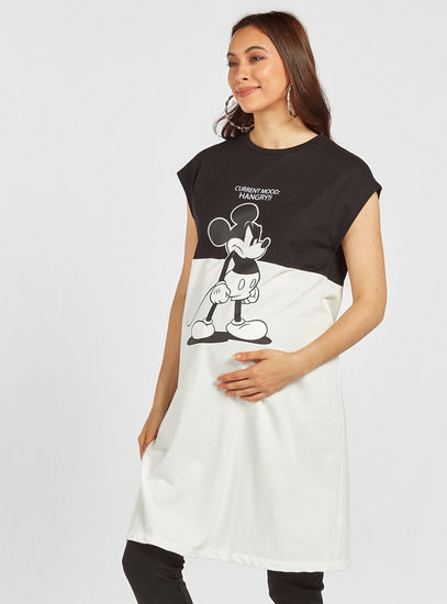 Mickey Mouse Print Longline Maternity T-shirt with Cap Sleeves